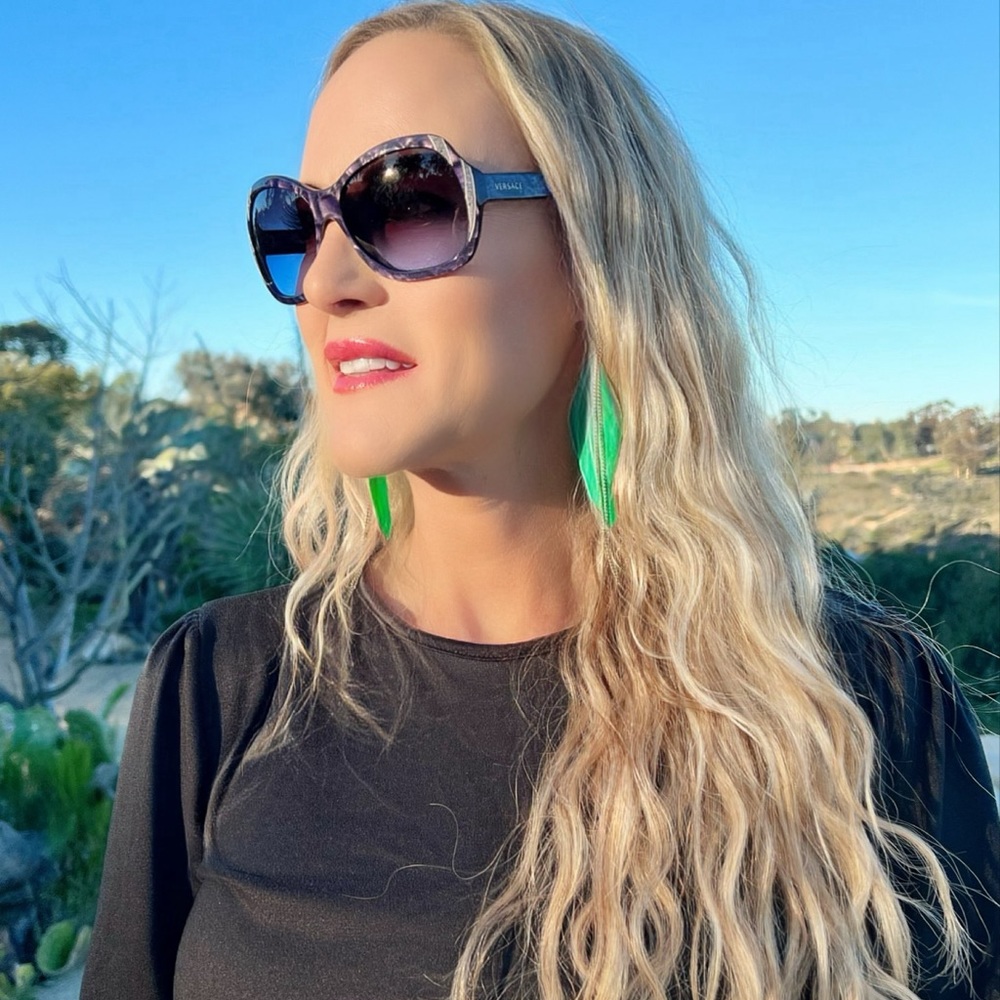 Green Feather Bronze Gold Chain Boho Bohemian Native Festival Edgy 4.5" Earrings